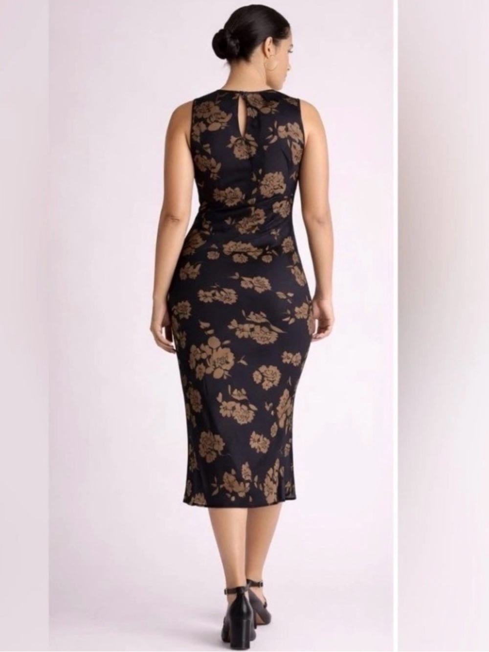 Quince Black Mulberry Silk Dress with Brown Floral Pattern - NWT - Picture 2 of 8